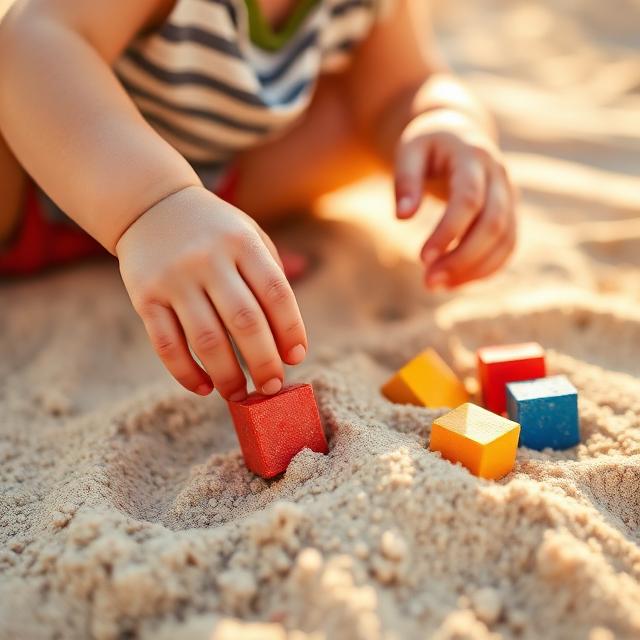 A child's hands playing with sand or building blocks in warm afternoon light